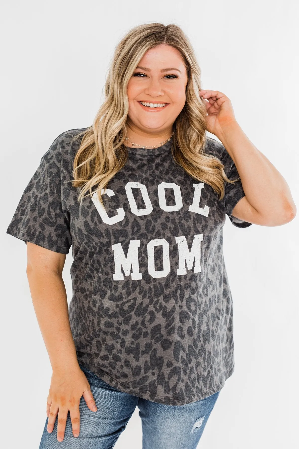 "Cool Mom" Leopard Graphic Top- Charcoal