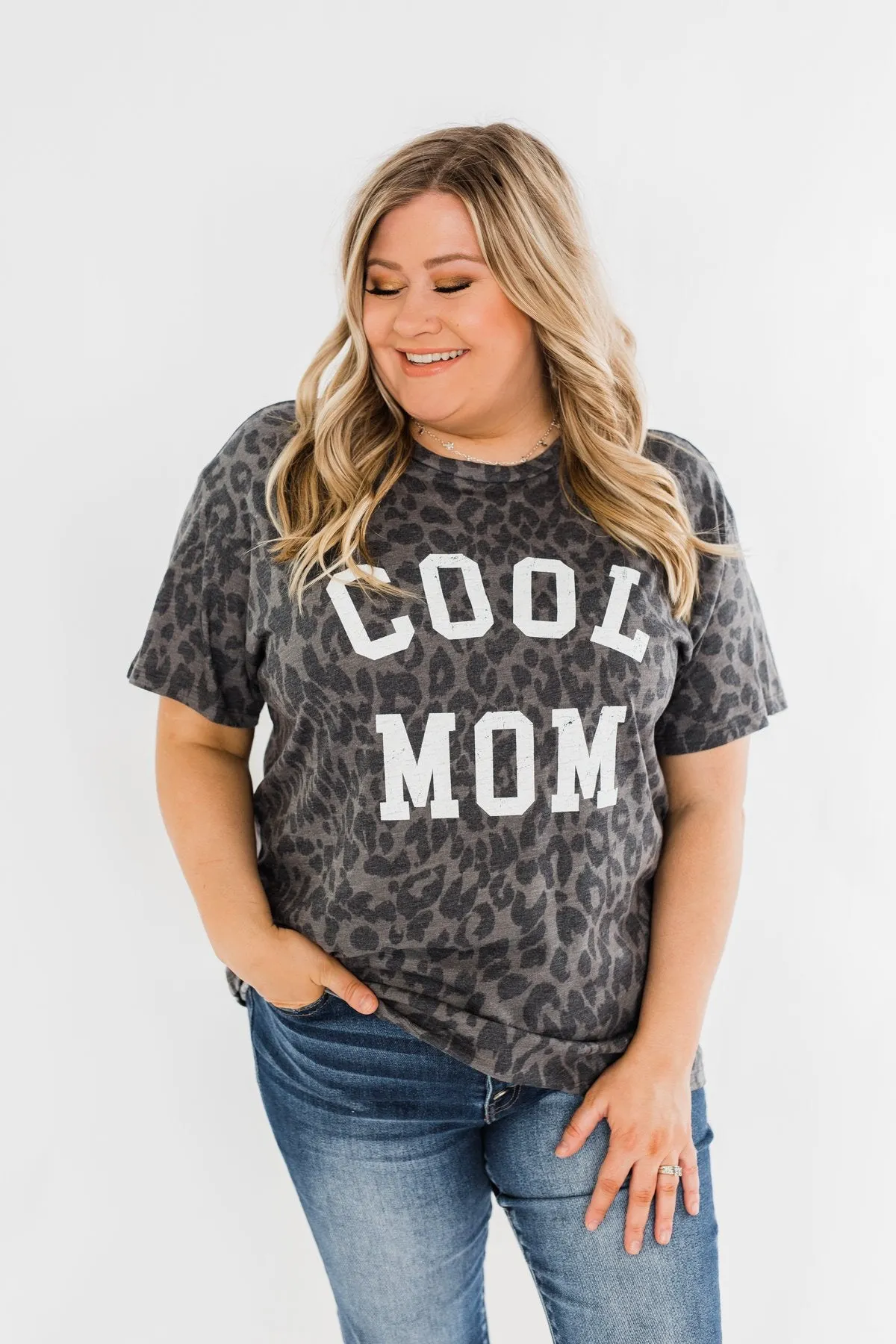 "Cool Mom" Leopard Graphic Top- Charcoal
