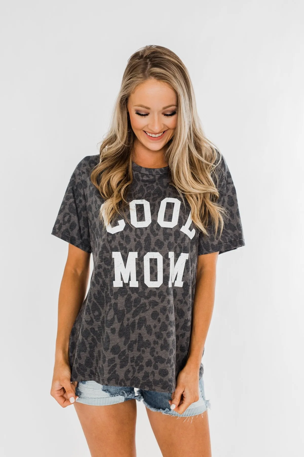 "Cool Mom" Leopard Graphic Top- Charcoal
