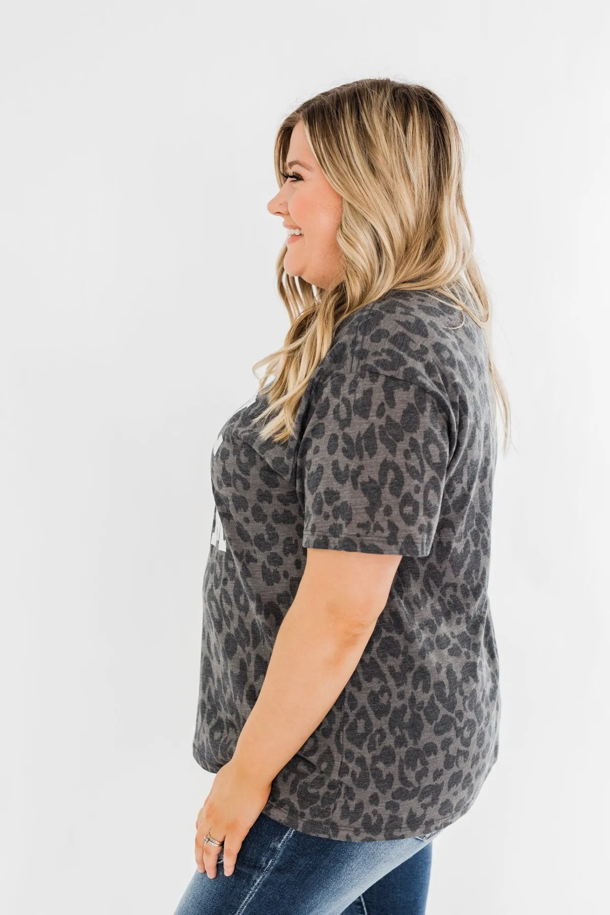 "Cool Mom" Leopard Graphic Top- Charcoal