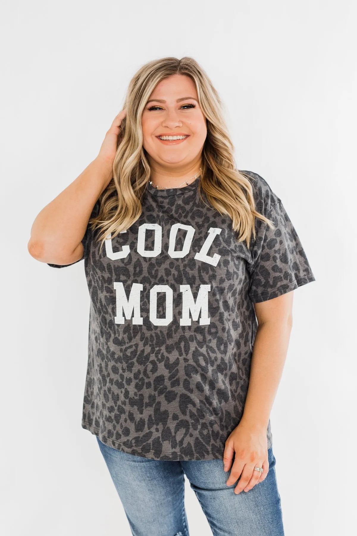 "Cool Mom" Leopard Graphic Top- Charcoal