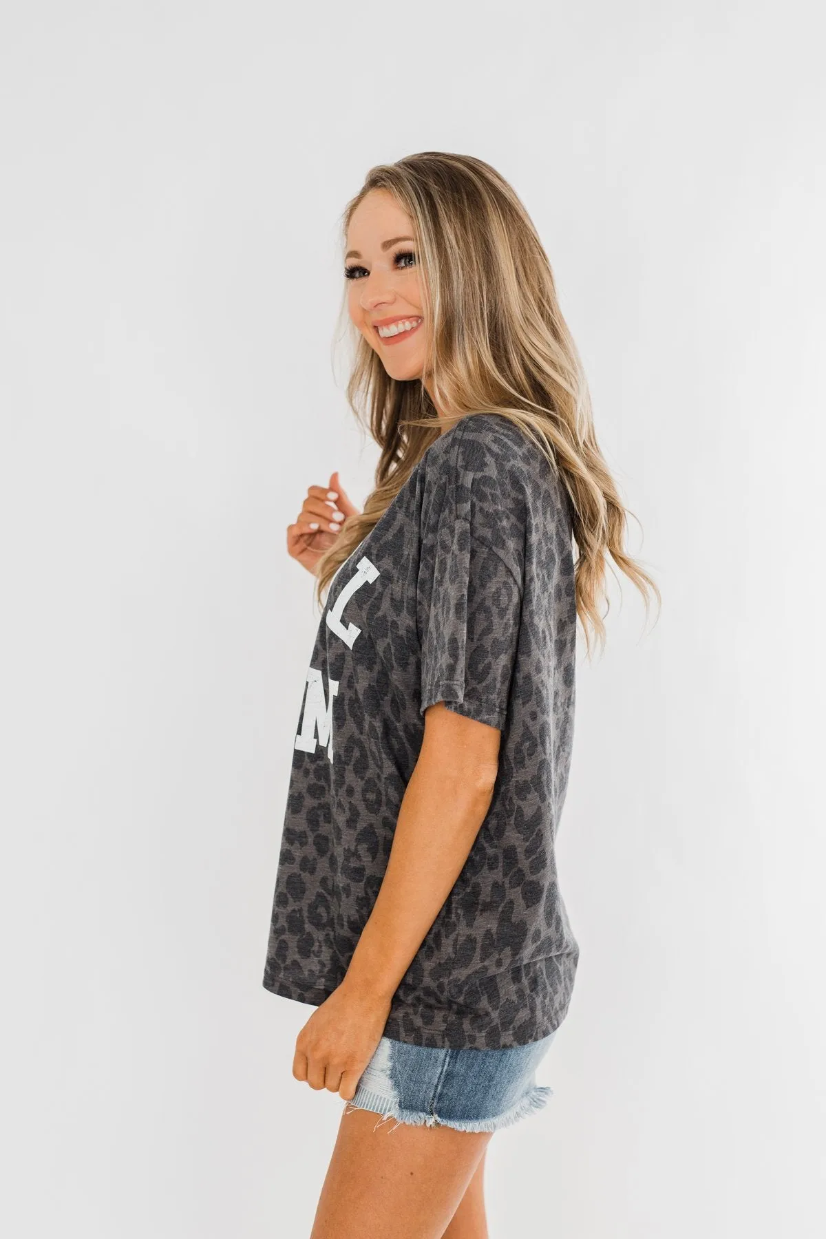 "Cool Mom" Leopard Graphic Top- Charcoal