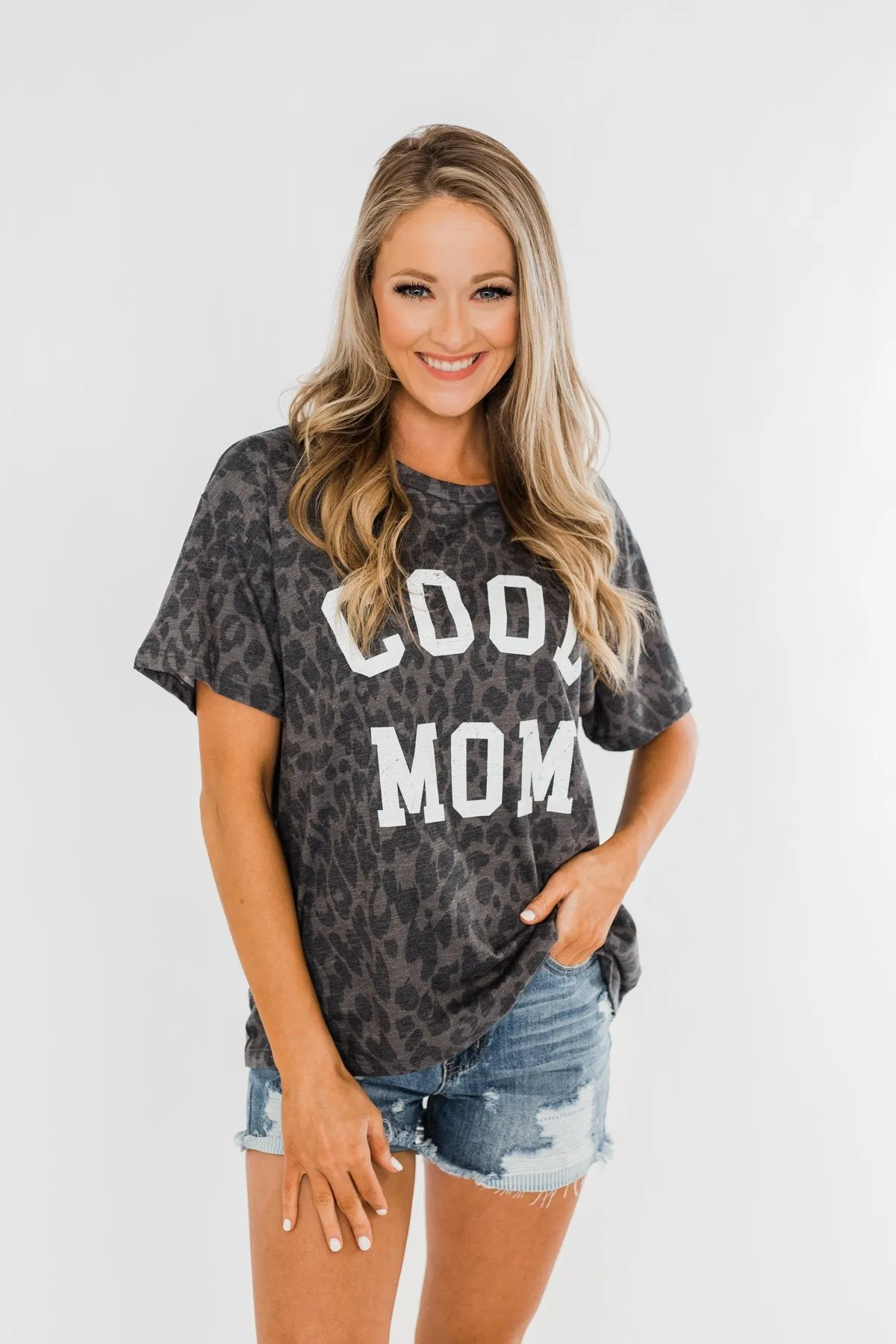 "Cool Mom" Leopard Graphic Top- Charcoal