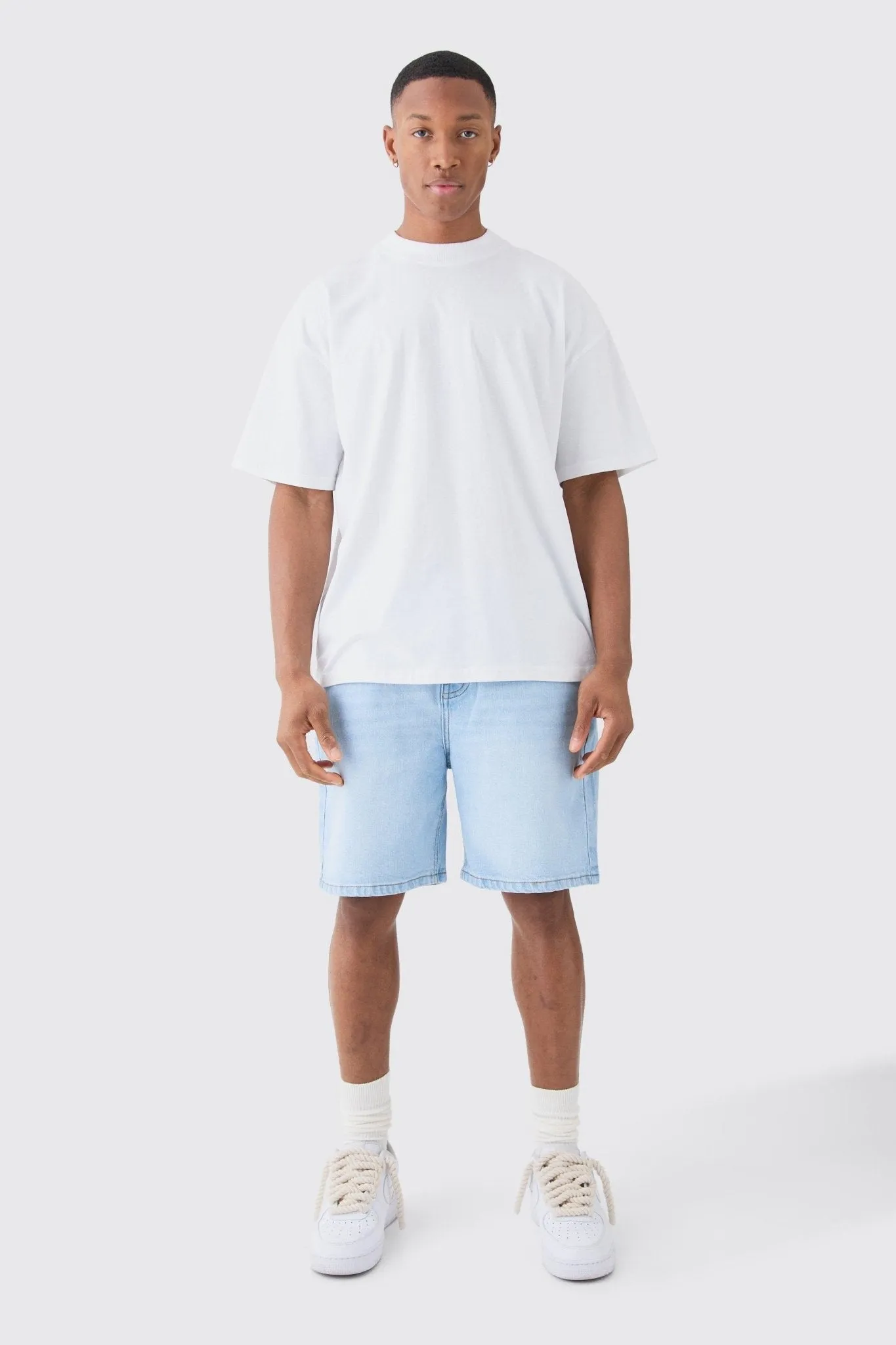 Relaxed Rigid Denim Shorts In Ice Blue