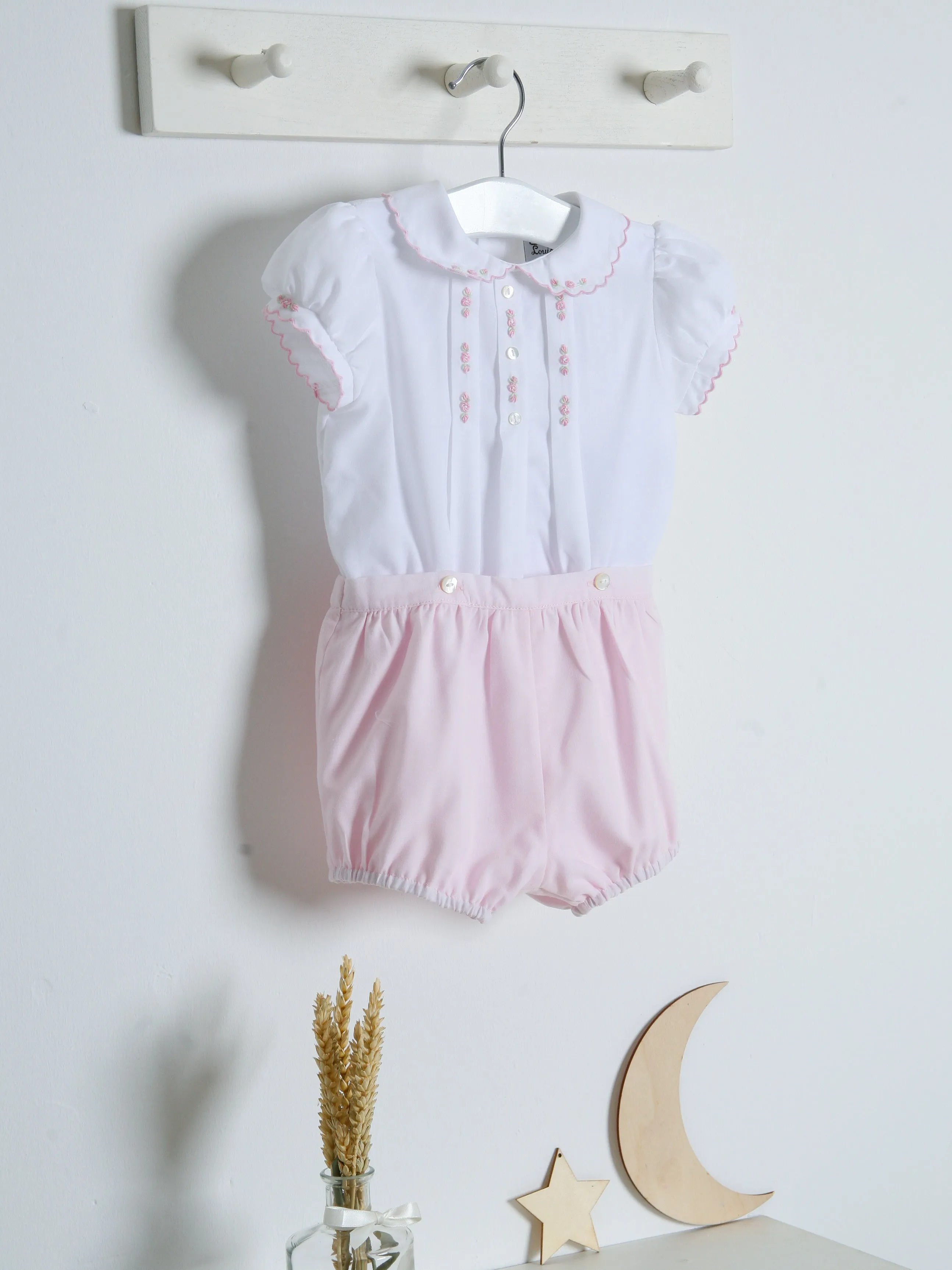 Sarah Louise Rosebud Pink Embroidered Bloomer & Blouse Set
