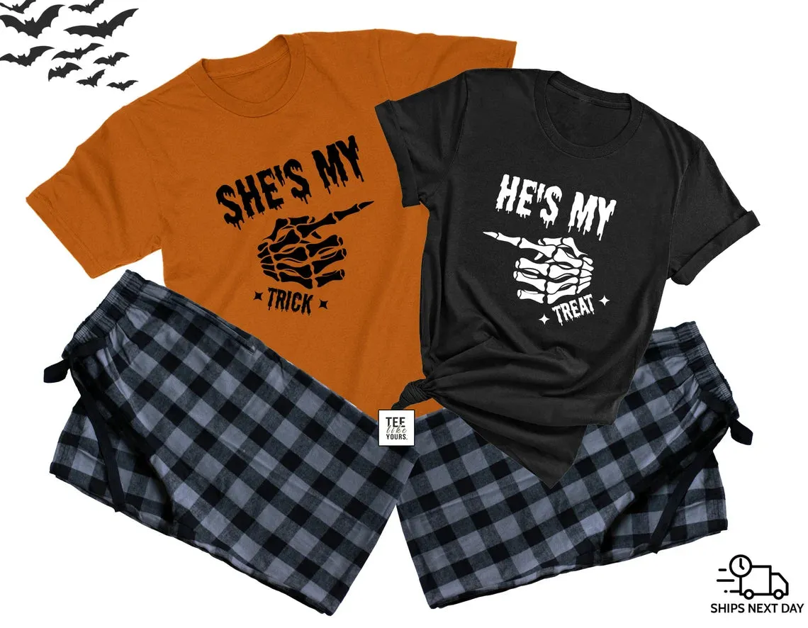 She's My Trick & He's My Treat - Trick or Treat Matching Halloween Pajamas for couples