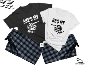 She's My Trick & He's My Treat - Trick or Treat Matching Halloween Pajamas for couples