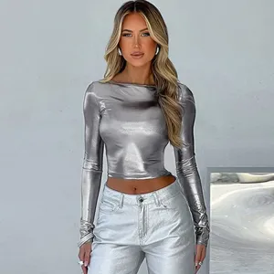 Shimmer All Night Metallic Long Sleeve Crop Top