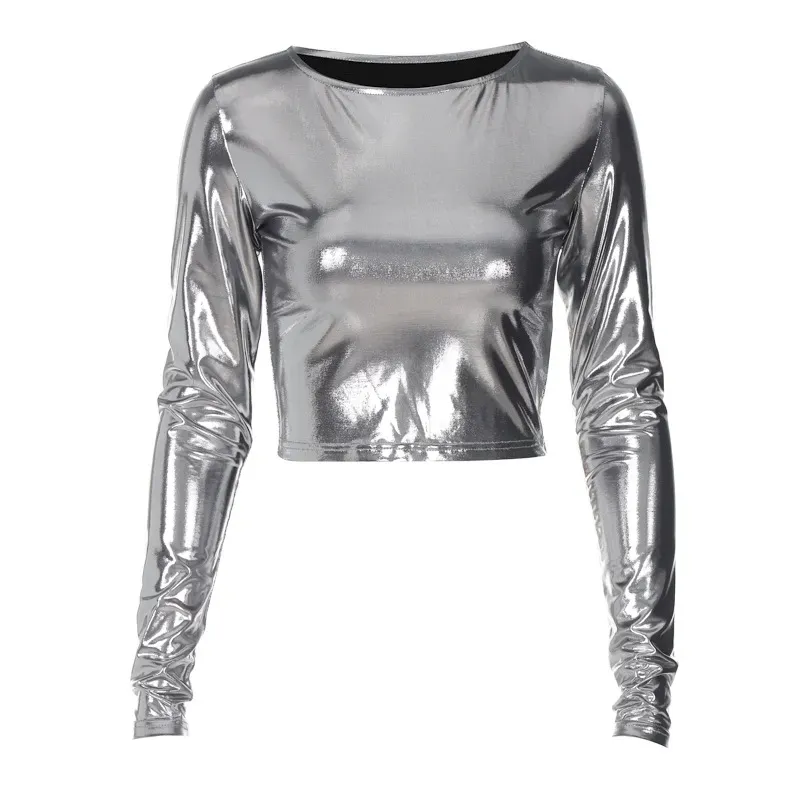 Shimmer All Night Metallic Long Sleeve Crop Top