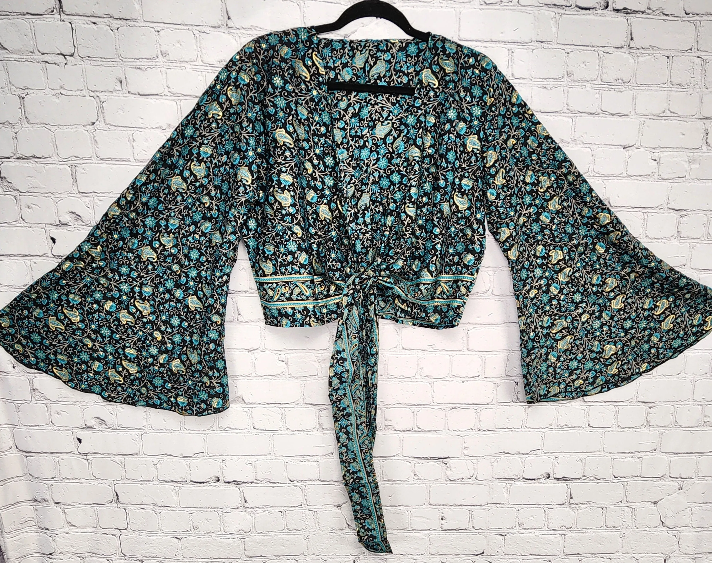 Silk Boho Self Tie Wrap Crop Top/Bell Sleeve Crop Top/Tie front bell sleeve top/festival crop top/front tie front or back crop/