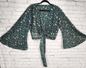 Silk Boho Self Tie Wrap Crop Top/Bell Sleeve Crop Top/Tie front bell sleeve top/festival crop top/front tie front or back crop/