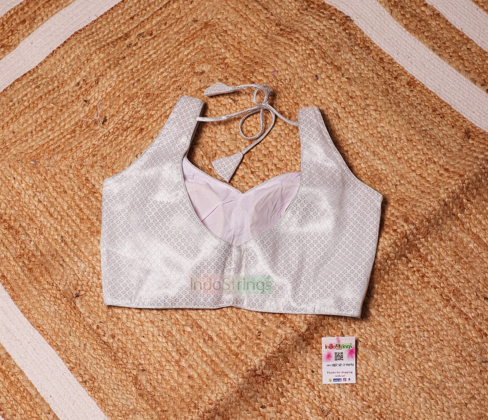 Silver Zari Sleeveless Blouse (Flower Print)