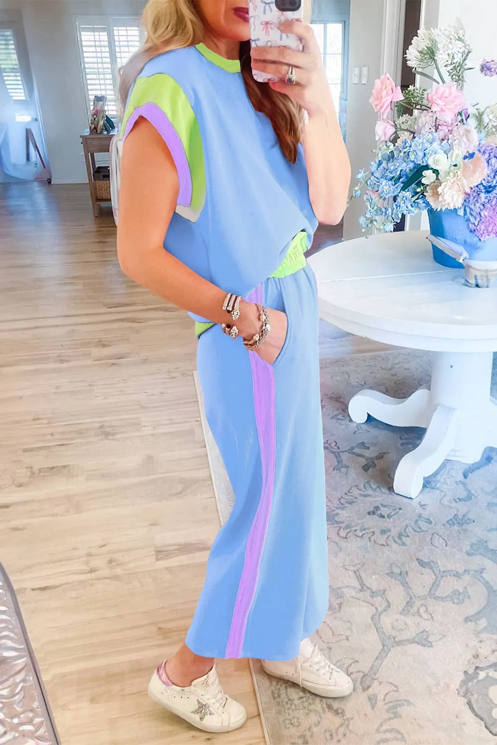 Sky Blue Color Block Detail Casual Two-piece Outfit