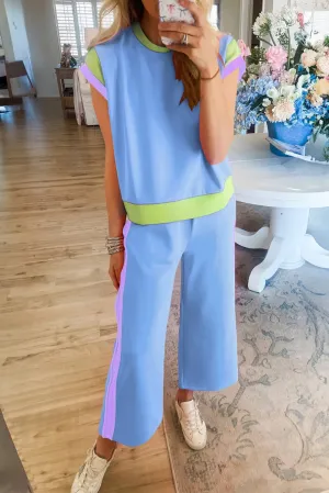 Sky Blue Color Block Detail Casual Two-piece Outfit