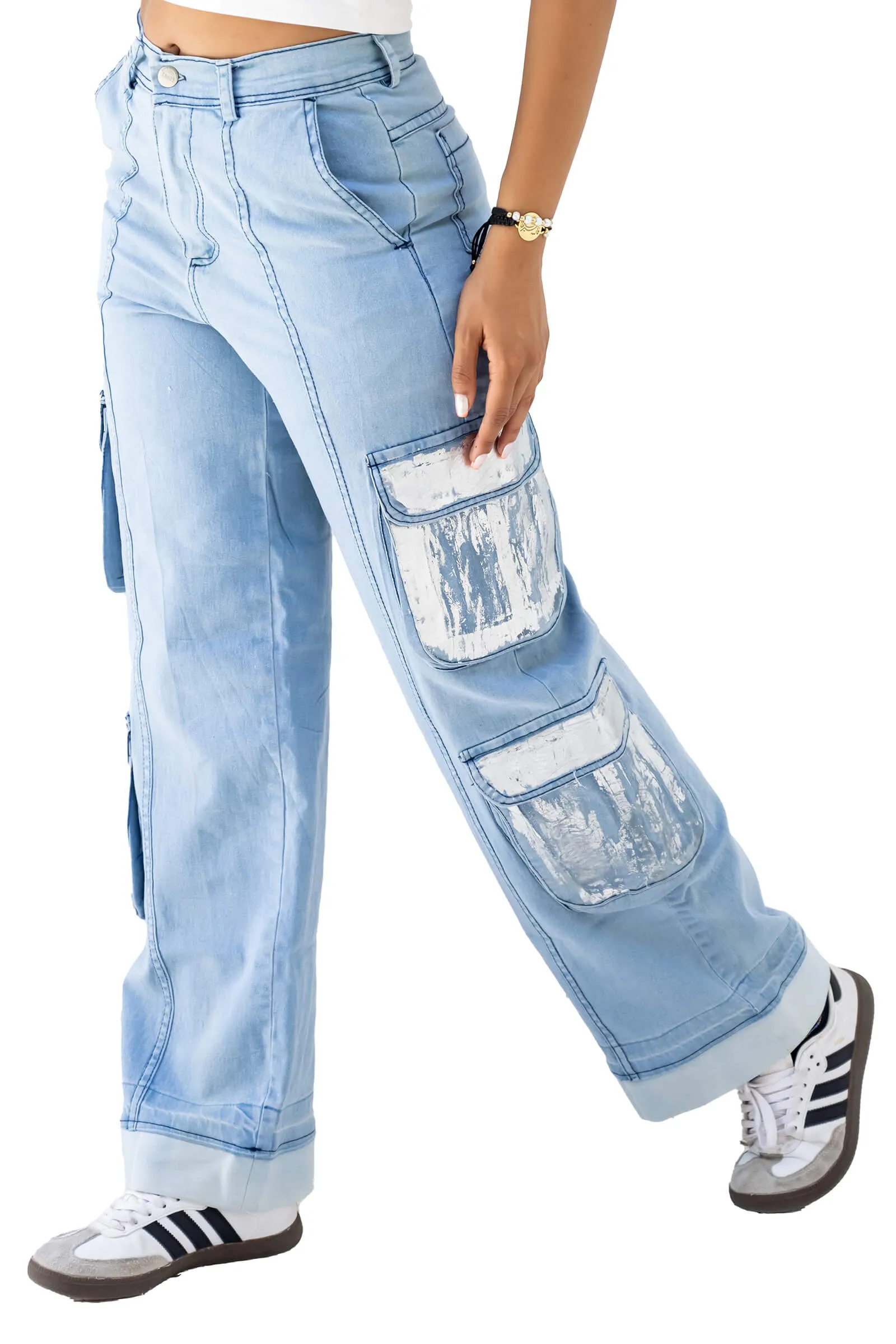 Skylar High-Waisted Metallic Pocket Cargo Jeans