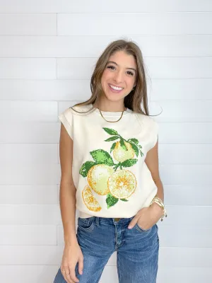 Sleeveless Lemon Cross-Stitch Inspired Intarsia Sweater Top
