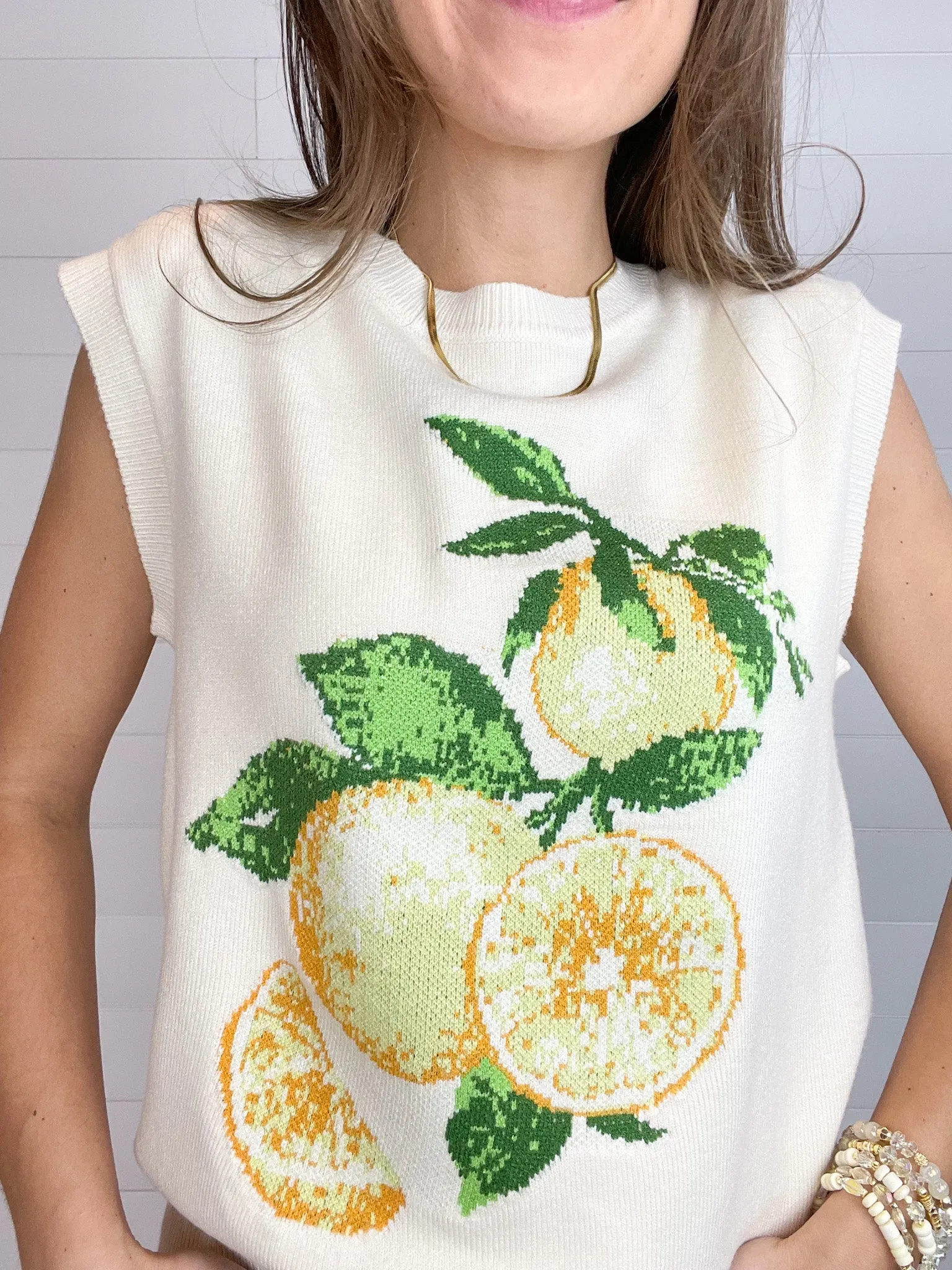 Sleeveless Lemon Cross-Stitch Inspired Intarsia Sweater Top
