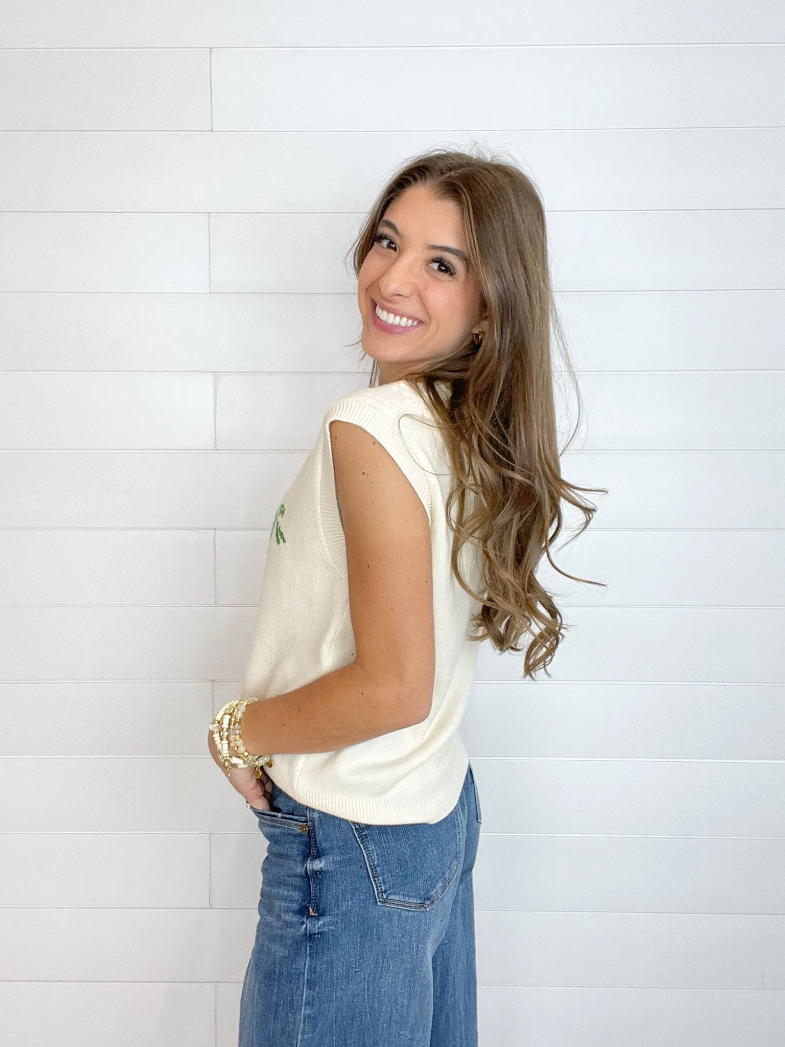 Sleeveless Lemon Cross-Stitch Inspired Intarsia Sweater Top