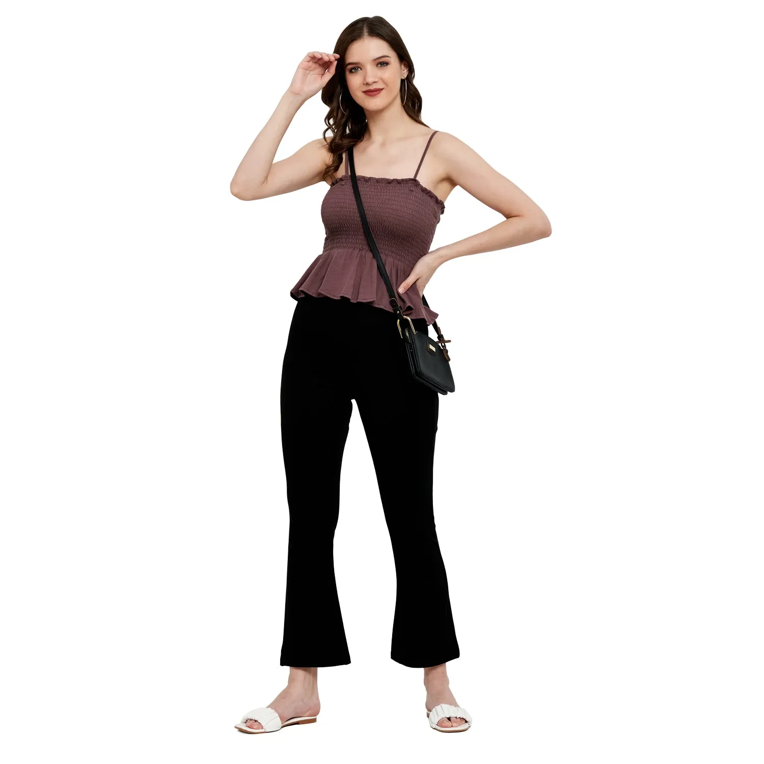 SMOCKED RUFFLE CROPPED COTTON MODAL SPANDEX TOP