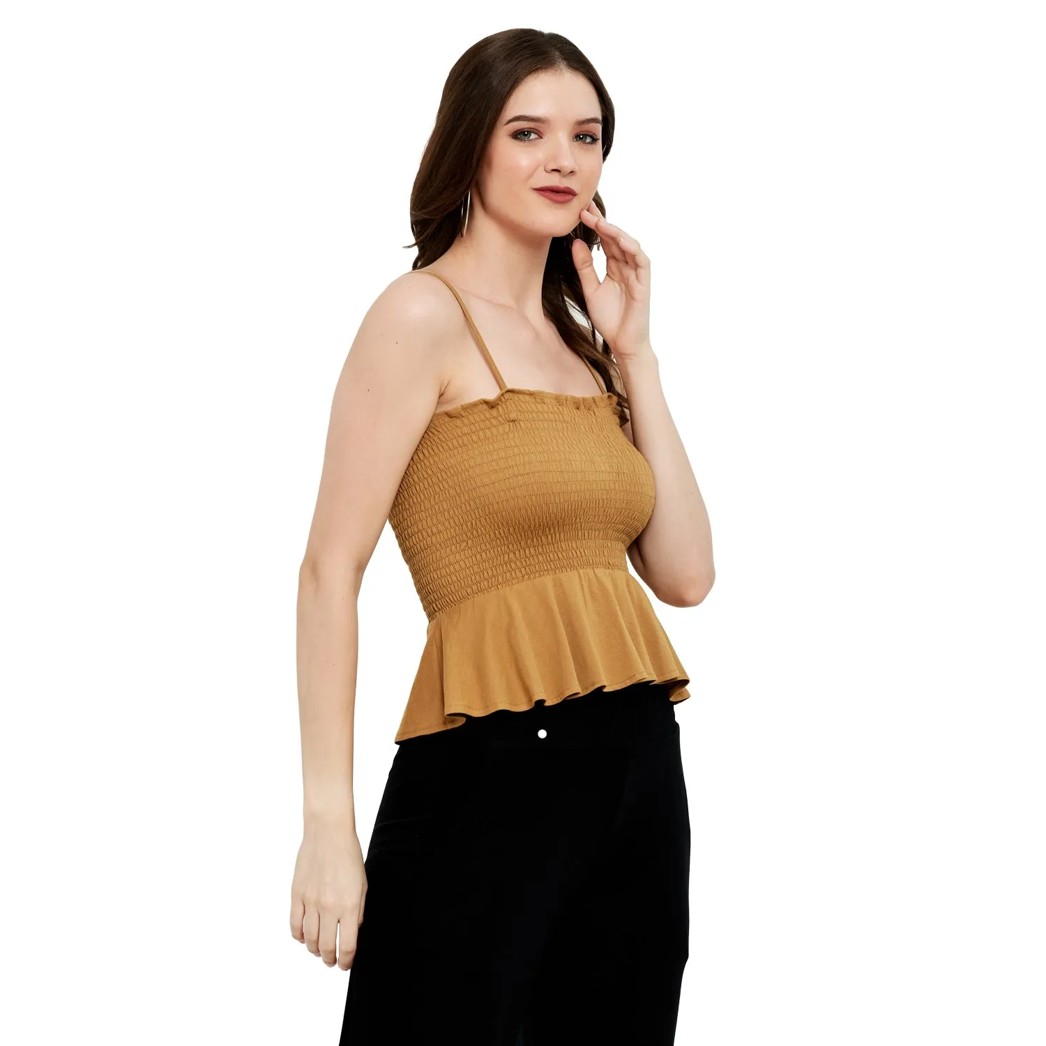 SMOCKED RUFFLE CROPPED COTTON MODAL SPANDEX TOP