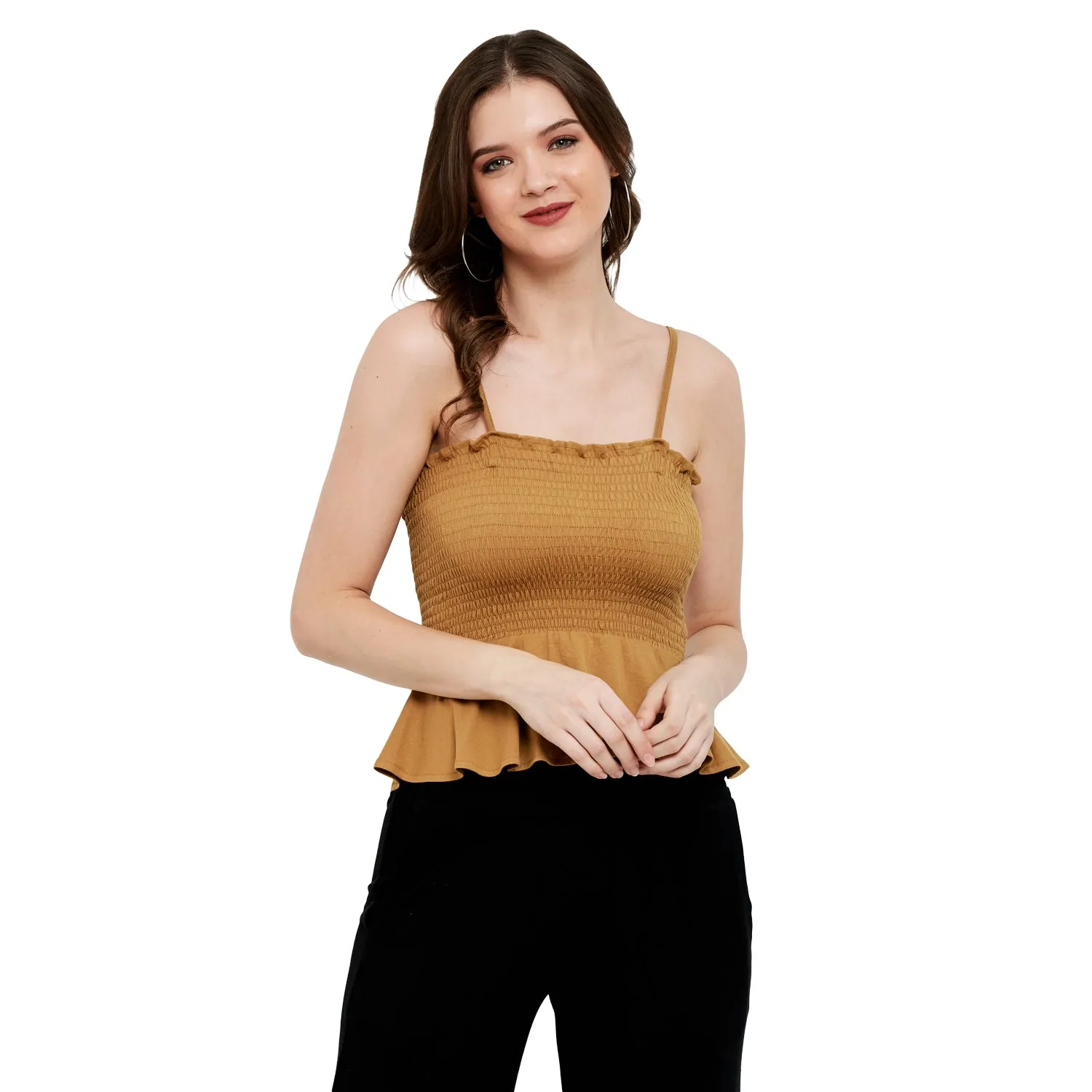 SMOCKED RUFFLE CROPPED COTTON MODAL SPANDEX TOP