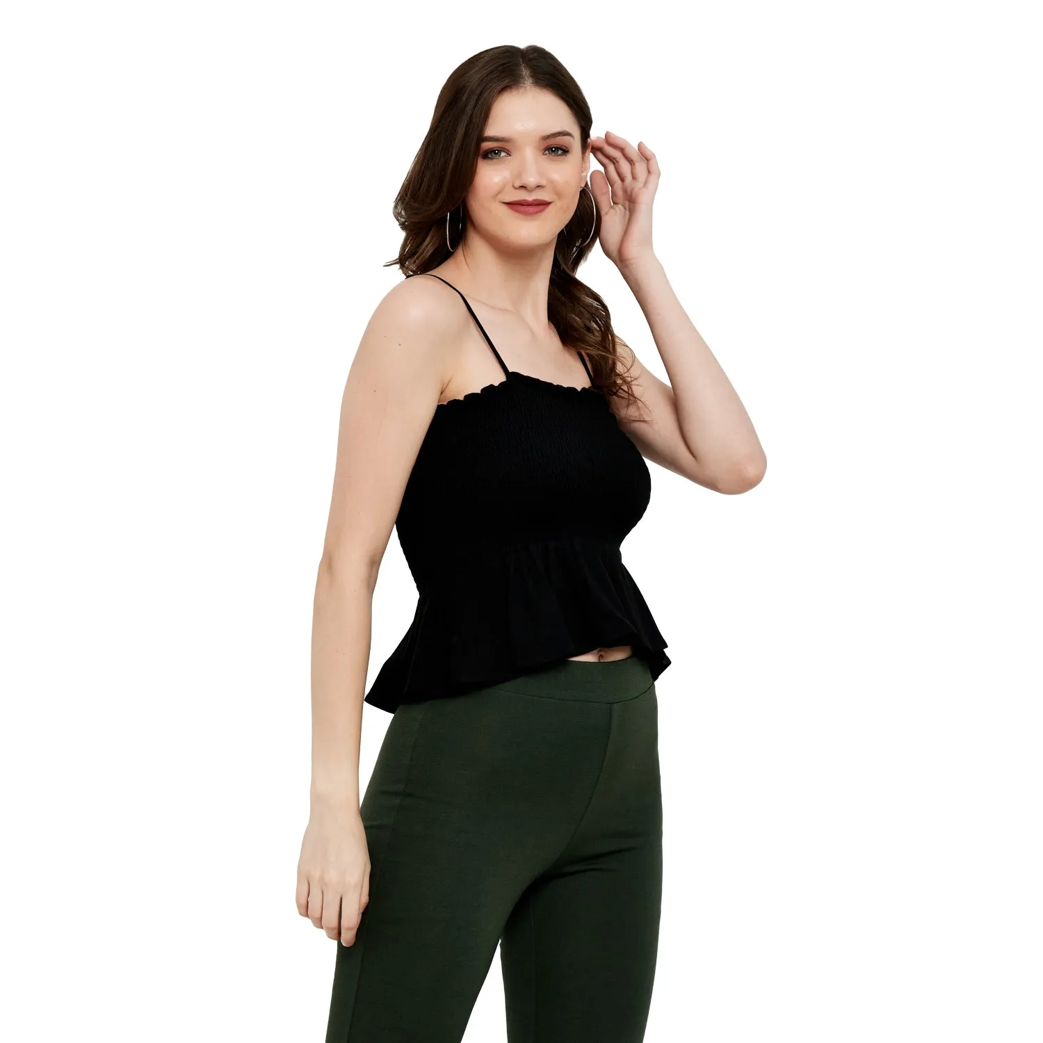 SMOCKED RUFFLE CROPPED COTTON MODAL SPANDEX TOP