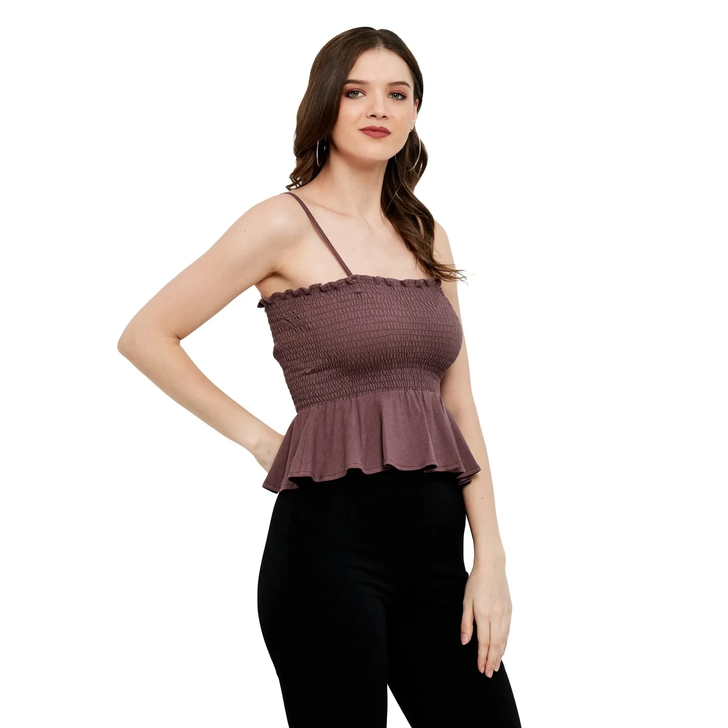 SMOCKED RUFFLE CROPPED COTTON MODAL SPANDEX TOP
