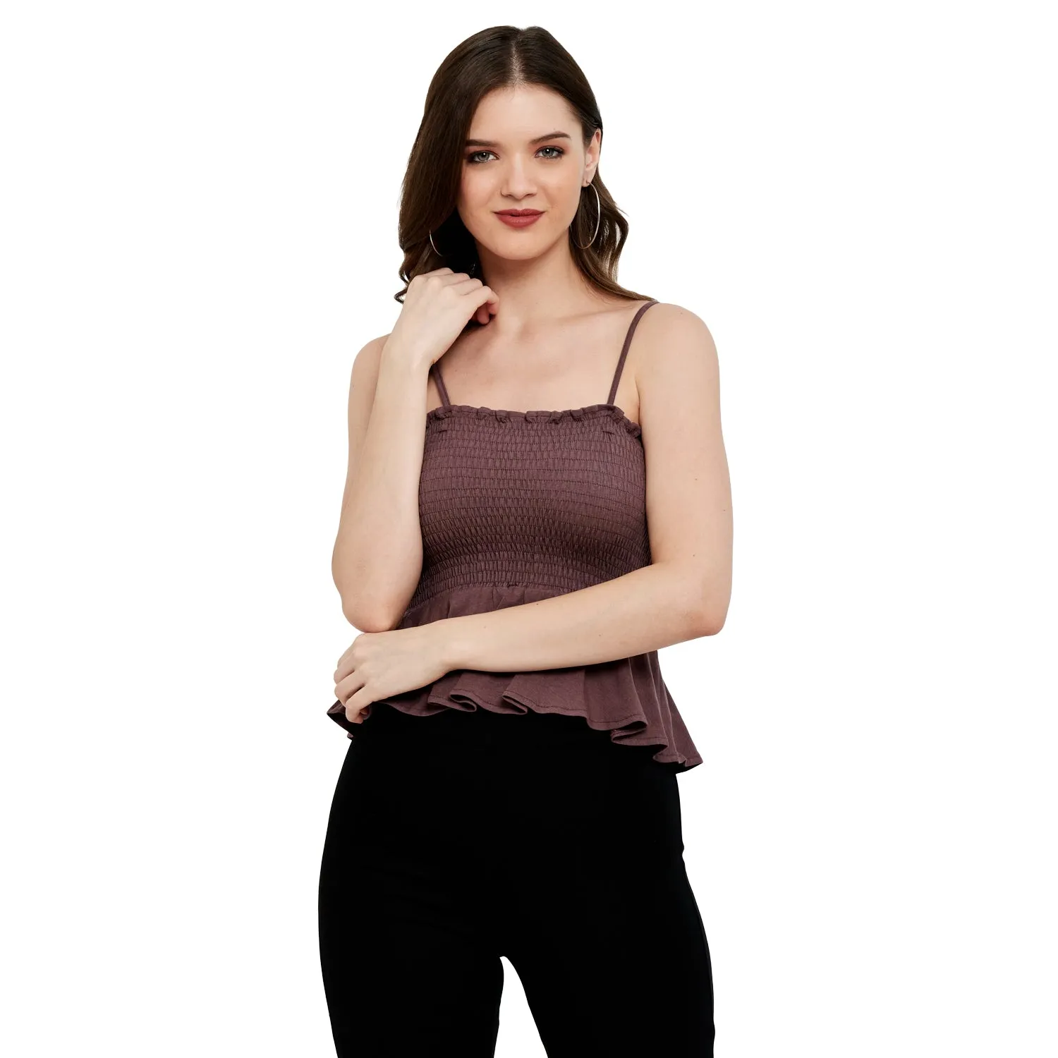SMOCKED RUFFLE CROPPED COTTON MODAL SPANDEX TOP