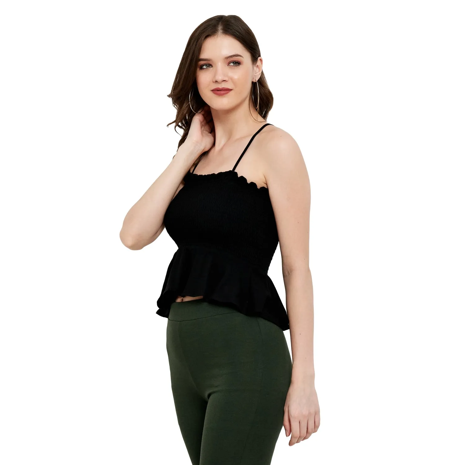SMOCKED RUFFLE CROPPED COTTON MODAL SPANDEX TOP