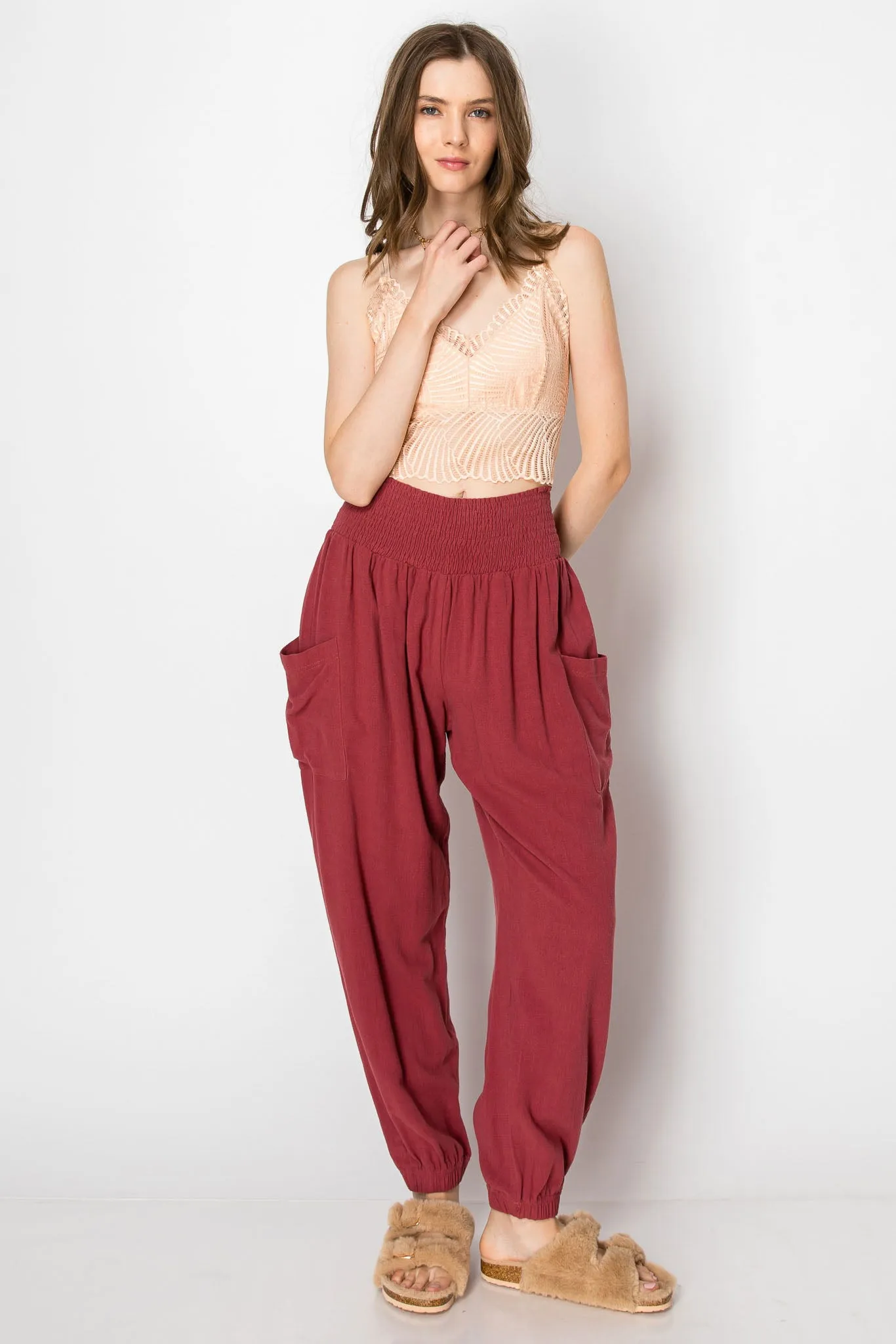 SMOCKING WAIST SLOUCHY LINEN PANTS