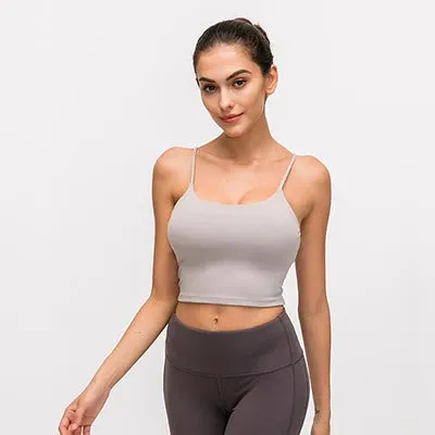 Solid Cami Sports Bra - Women's Vest Type Push Up Gym Crop Top, Padded Fitness Bra with Removable Cups, Yoga Tank Tops