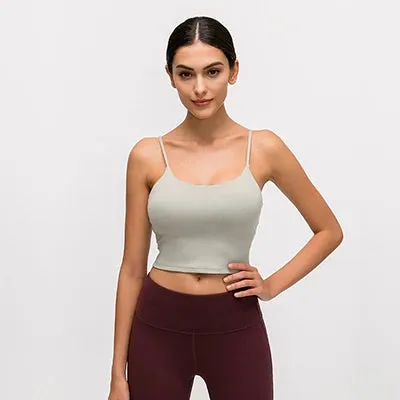 Solid Cami Sports Bra - Women's Vest Type Push Up Gym Crop Top, Padded Fitness Bra with Removable Cups, Yoga Tank Tops
