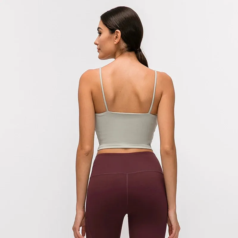 Solid Cami Sports Bra - Women's Vest Type Push Up Gym Crop Top, Padded Fitness Bra with Removable Cups, Yoga Tank Tops
