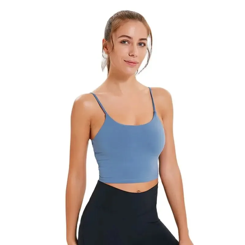 Solid Cami Sports Bra - Women's Vest Type Push Up Gym Crop Top, Padded Fitness Bra with Removable Cups, Yoga Tank Tops