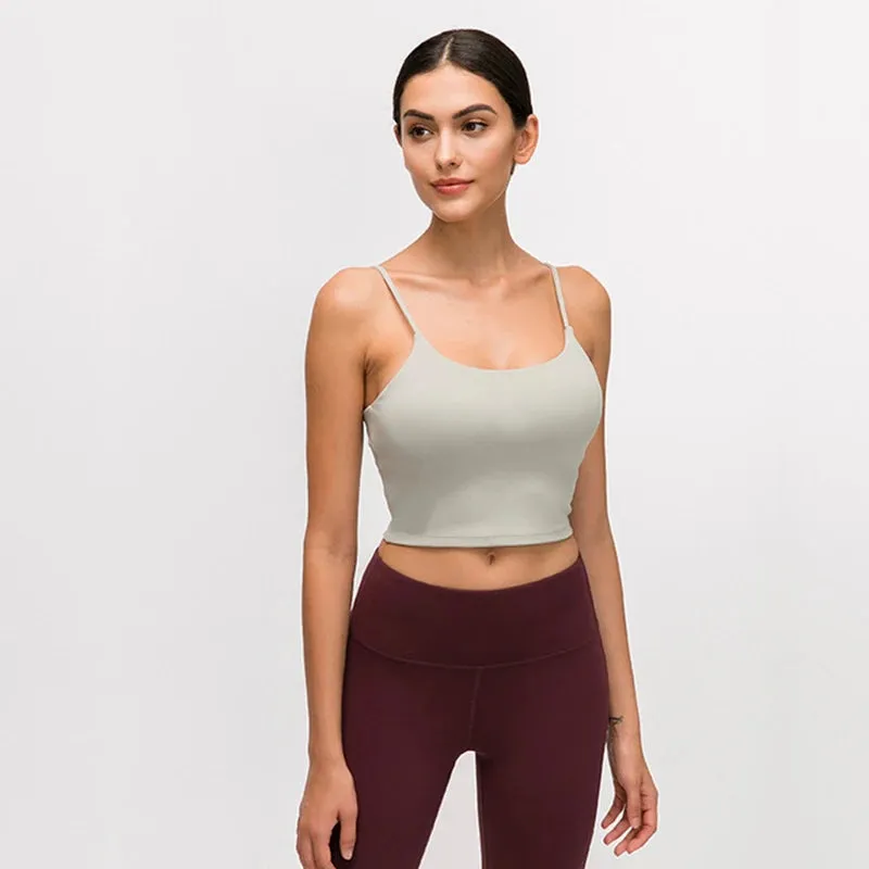 Solid Cami Sports Bra - Women's Vest Type Push Up Gym Crop Top, Padded Fitness Bra with Removable Cups, Yoga Tank Tops