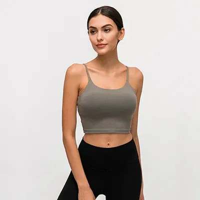 Solid Cami Sports Bra - Women's Vest Type Push Up Gym Crop Top, Padded Fitness Bra with Removable Cups, Yoga Tank Tops