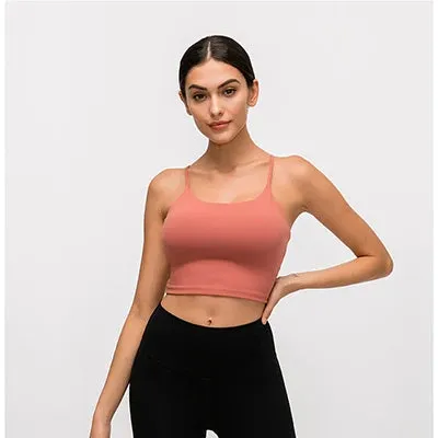 Solid Cami Sports Bra - Women's Vest Type Push Up Gym Crop Top, Padded Fitness Bra with Removable Cups, Yoga Tank Tops