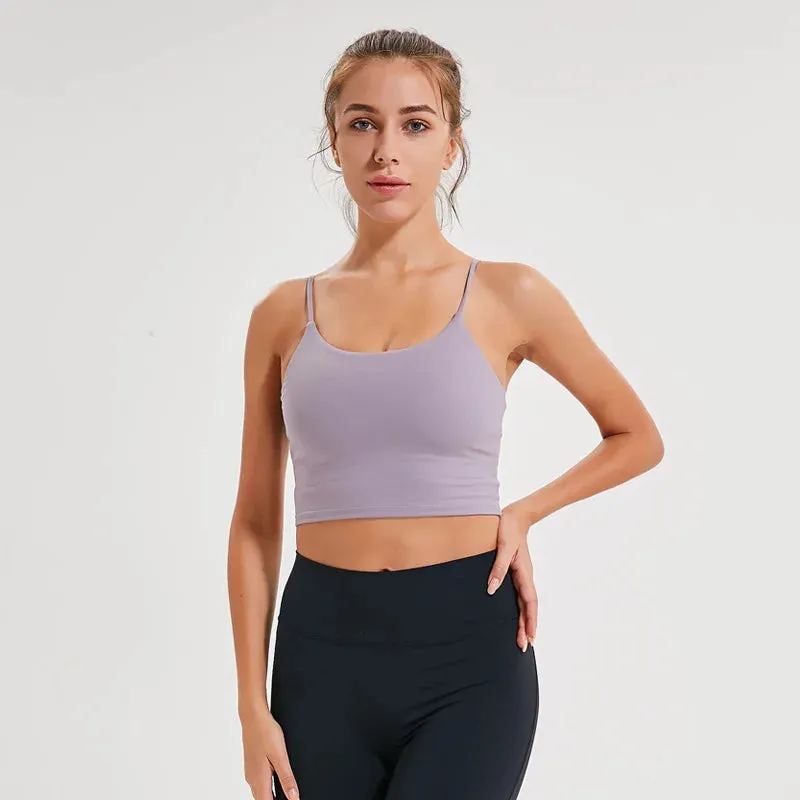 Solid Cami Sports Bra - Women's Vest Type Push Up Gym Crop Top, Padded Fitness Bra with Removable Cups, Yoga Tank Tops
