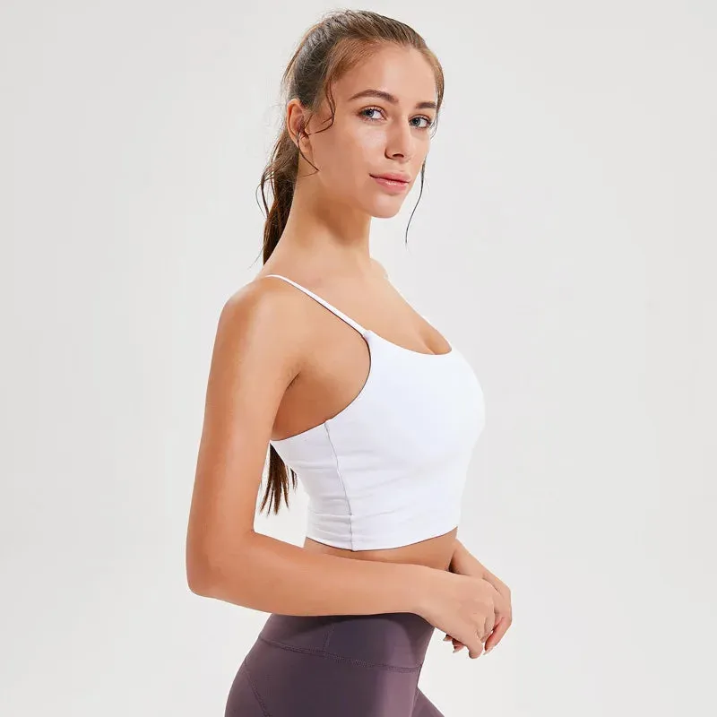 Solid Cami Sports Bra - Women's Vest Type Push Up Gym Crop Top, Padded Fitness Bra with Removable Cups, Yoga Tank Tops