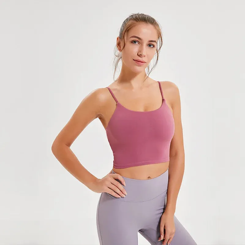 Solid Cami Sports Bra - Women's Vest Type Push Up Gym Crop Top, Padded Fitness Bra with Removable Cups, Yoga Tank Tops