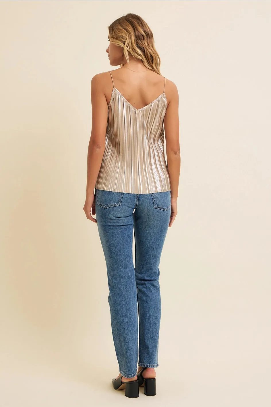 Stella Pleated Metallic V-Neck Cami - Champagne
