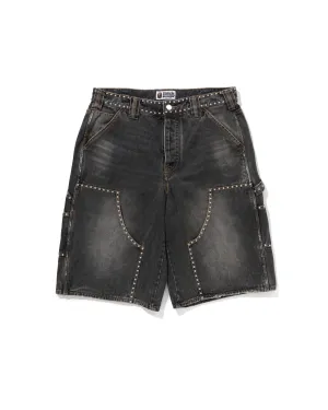 Studded Heavy Wash Relaxed Fit 13oz Denim Shorts