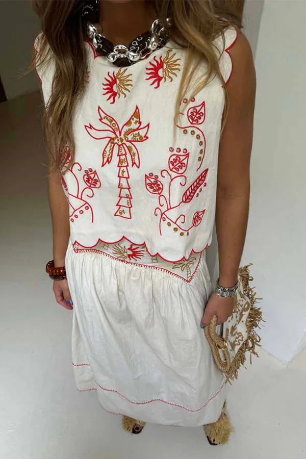 Sunny Day Linen Blend Contrast Embroidered Print Scallop Trim Lace-up Top