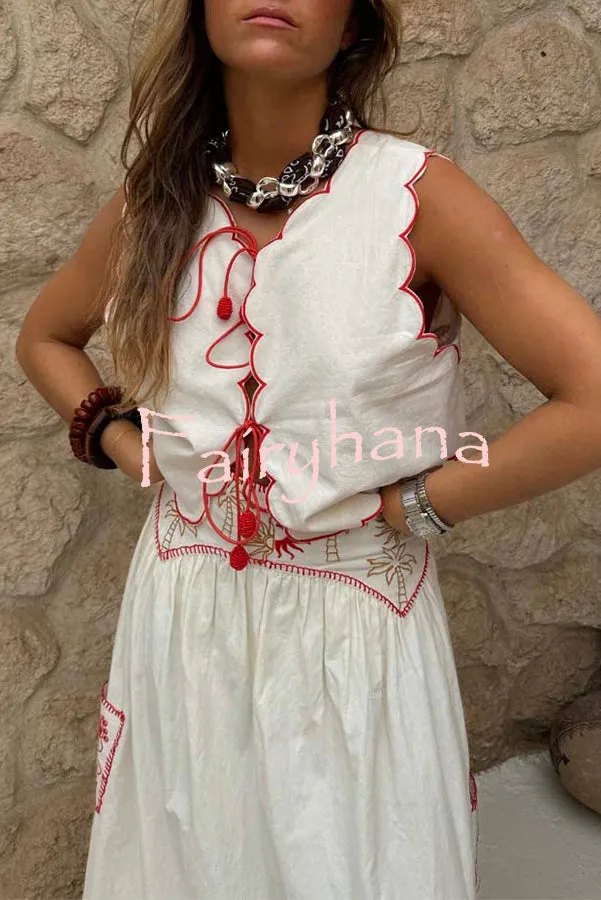 Sunny Day Linen Blend Contrast Embroidered Print Scallop Trim Lace-up Top