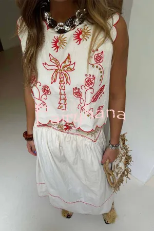 Sunny Day Linen Blend Contrast Embroidered Print Scallop Trim Lace-up Top