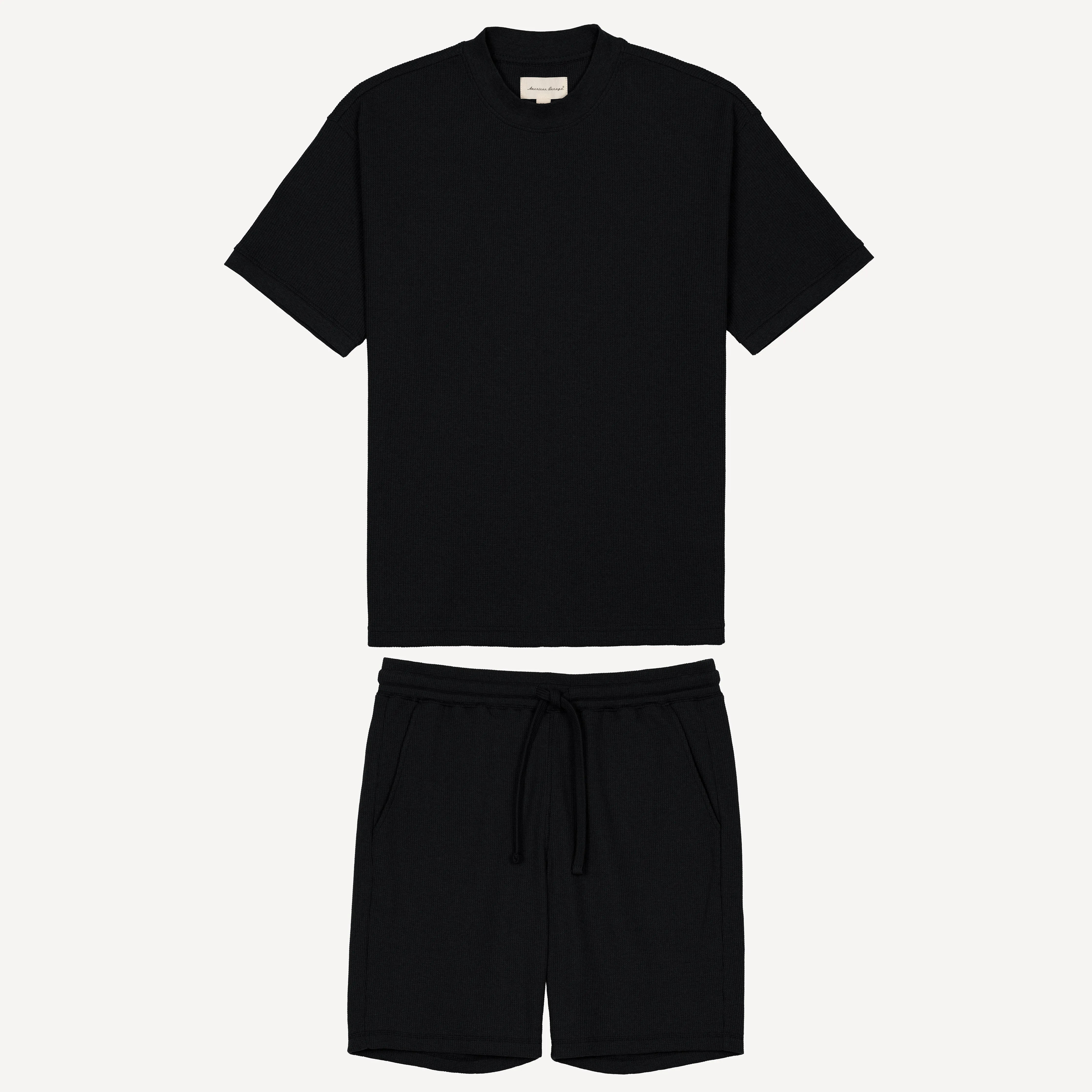 Thermal Waffle Knit Tee & Shorts Set - Black