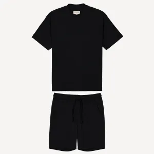 Thermal Waffle Knit Tee & Shorts Set - Black