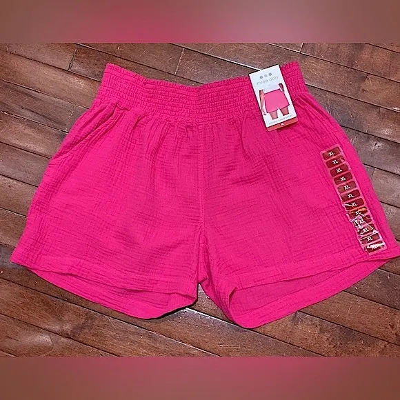 Three Dots Fuchsia Double Gauze Smocked Elastic Waist 100% Cotton Shorts Size XL