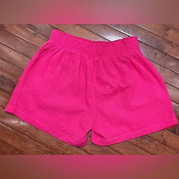 Three Dots Fuchsia Double Gauze Smocked Elastic Waist 100% Cotton Shorts Size XL