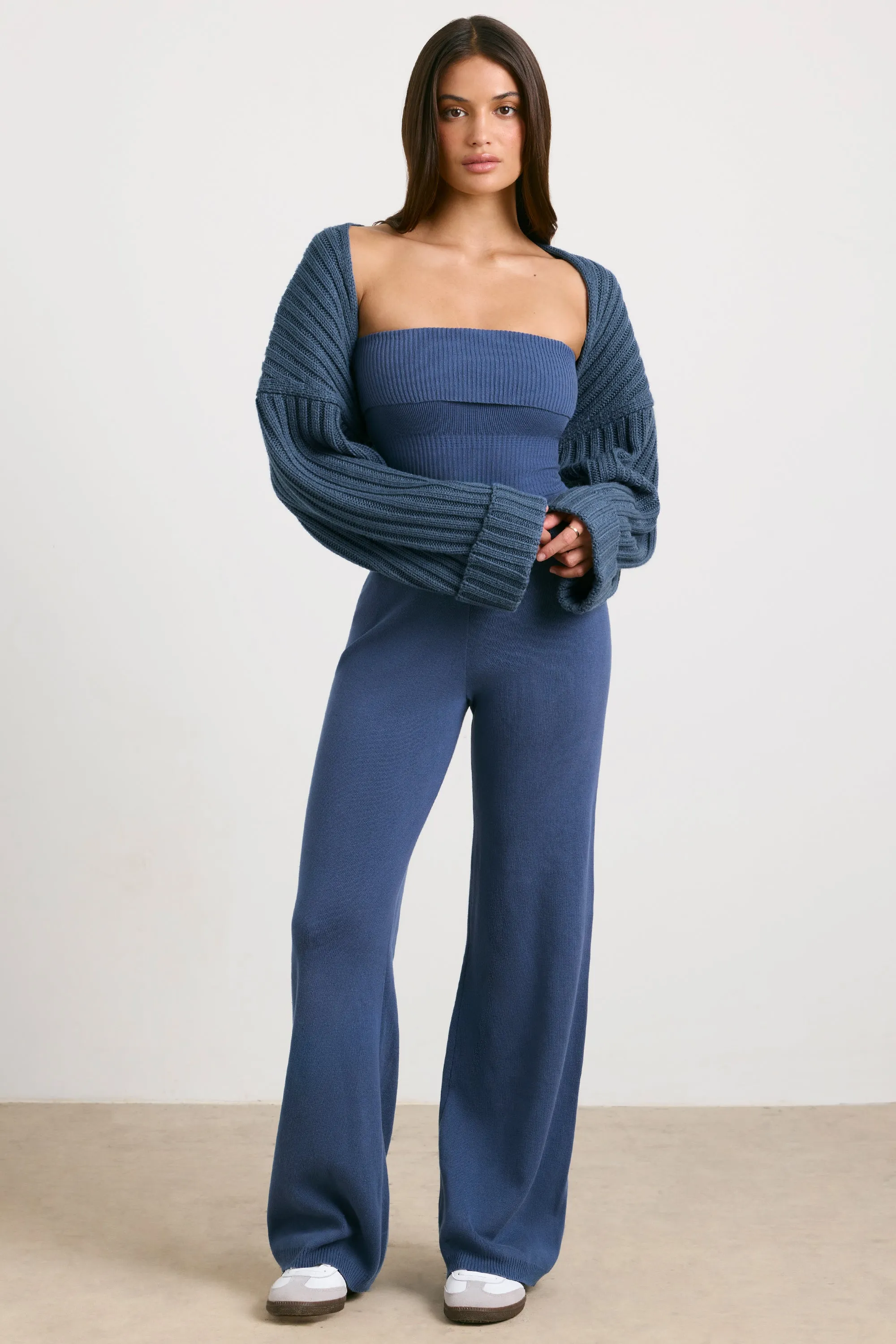 Timeless - Chunky Knit Kick Flare Unitard in Washed Navy